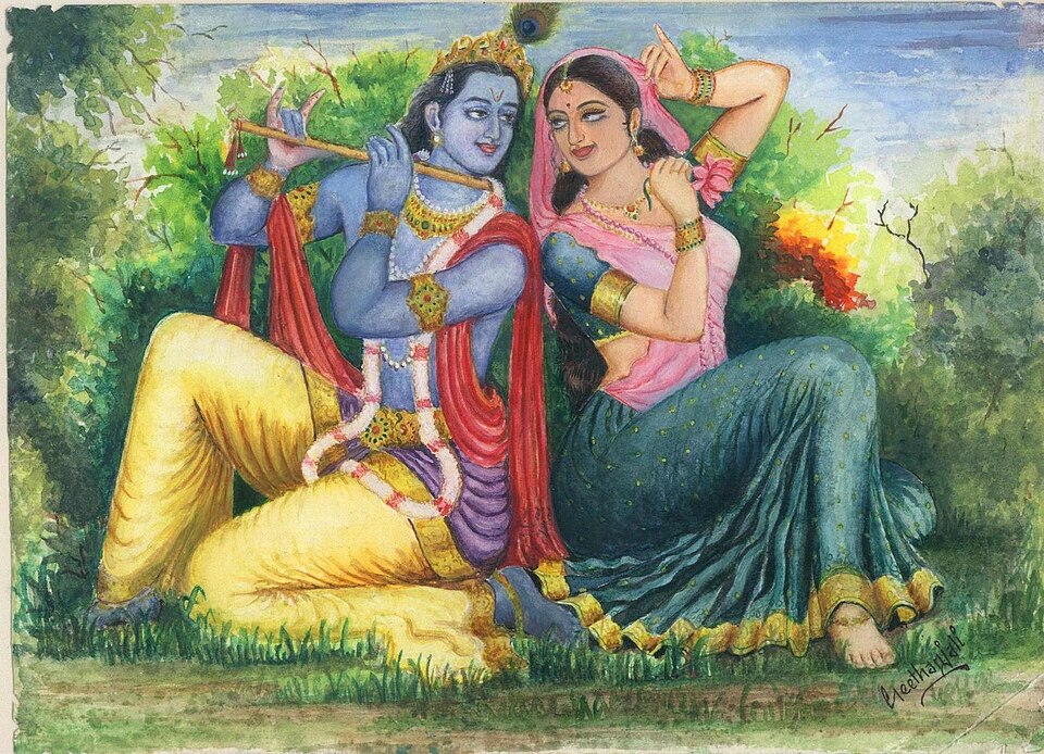 Traditional artwork of Krishna and Radha beneath a tree